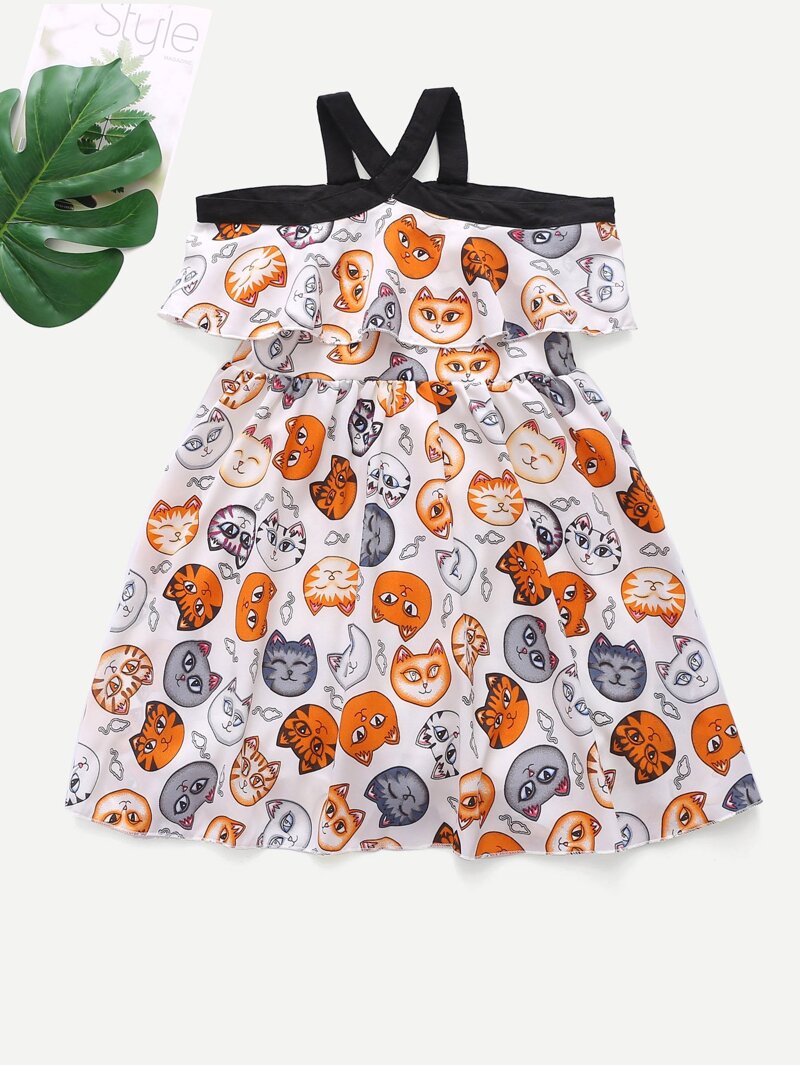 

Girls Cartoon Print Halter Dress, Multicolor