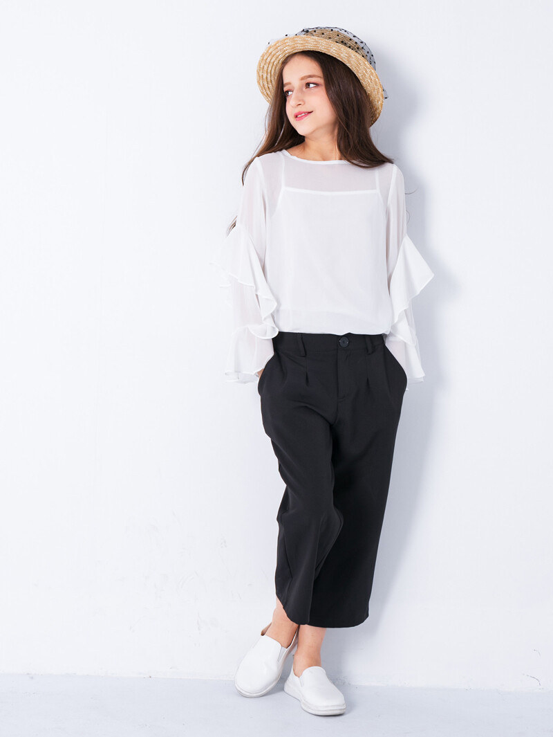

Girls Ruffle Sleeve Chiffon Top With Pants, Black and white