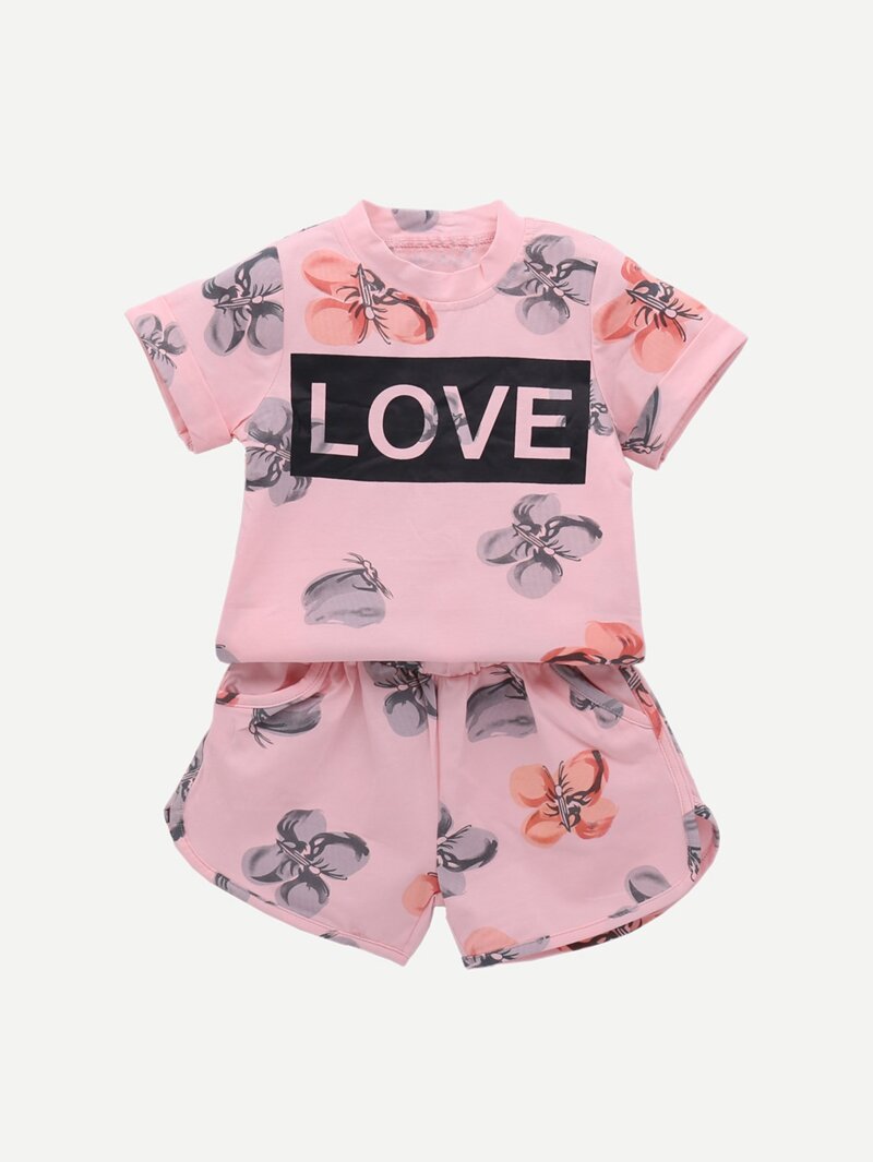 

Girls Letter Print Tee With Shorts, Pink