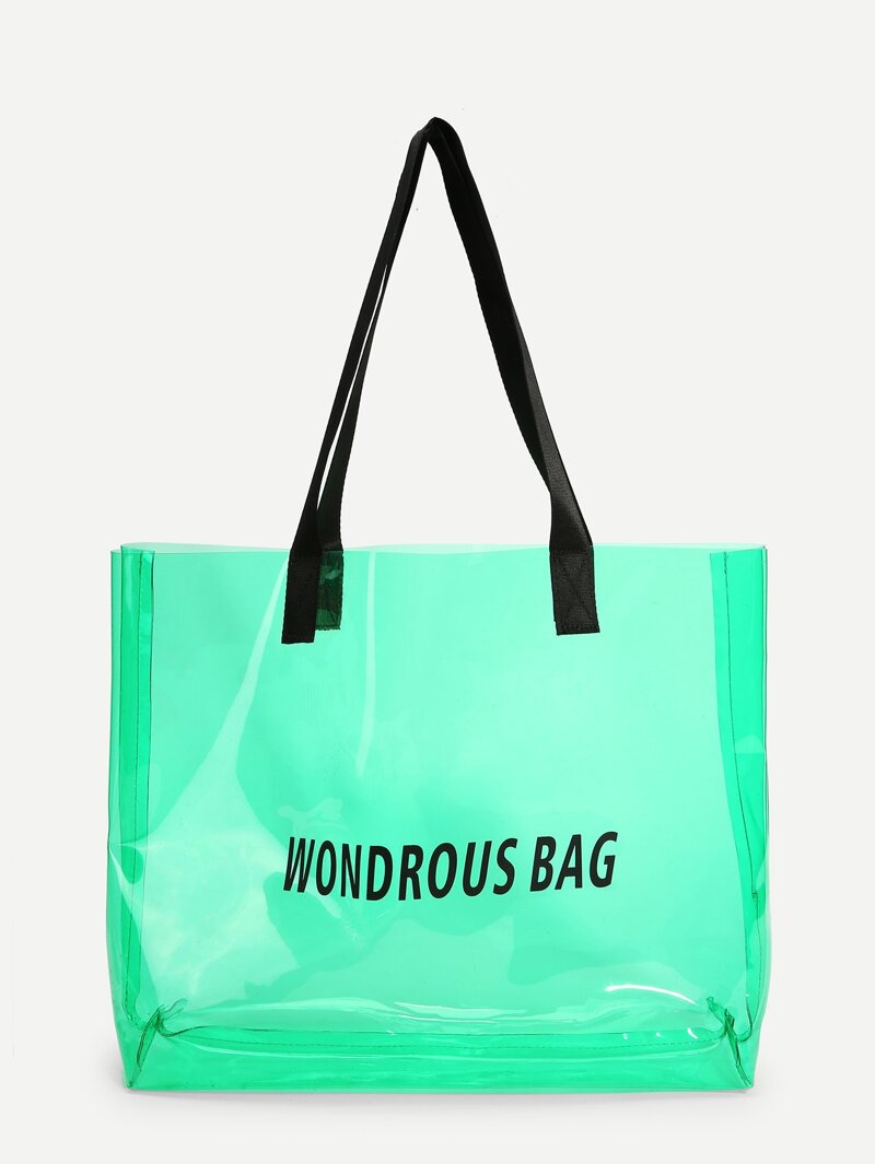 

Clear Slogan Print Tote Bag, Green