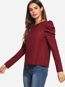 SHEIN Puff Sleeve Solid Top - Burgundy - View 4