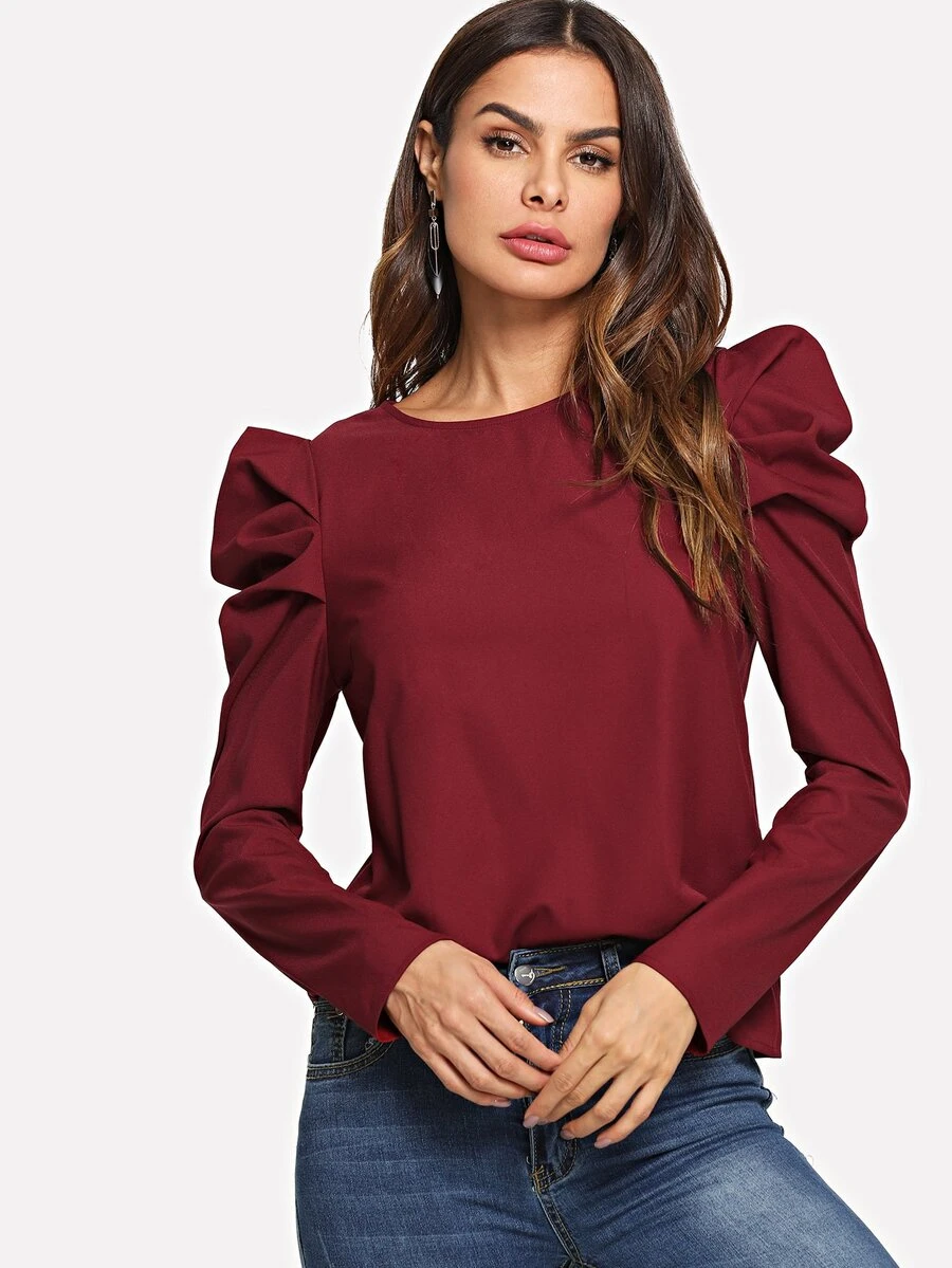 SHEIN Puff Sleeve Solid Top - Burgundy - View 1