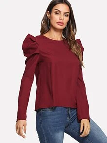 SHEIN Puff Sleeve Solid Top - Burgundy - View 3