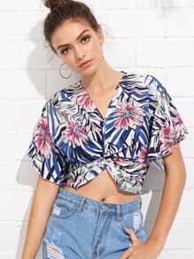 Flutter Sleeve Twist Front Botanical Crop Top