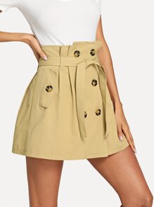 Double Button Self Tie Waist Skirt