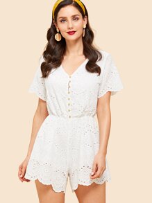 Button Front Embroidered Eyelet Scallop Jumpsuit