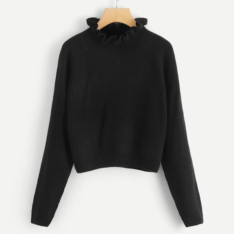 

Frilled Neck Solid Crop Sweater, Black