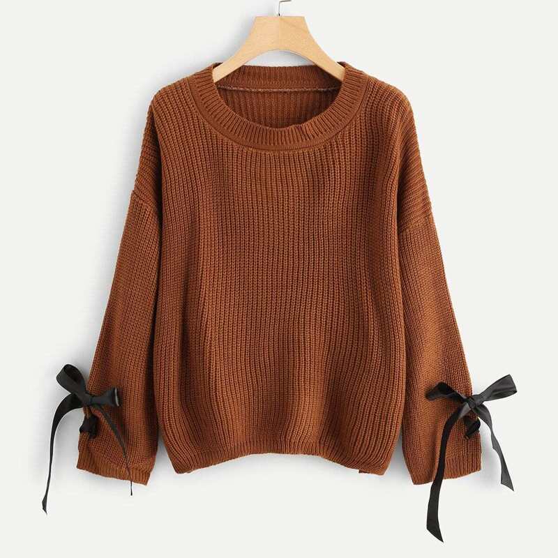 

Bow Tied Cuff Solid Sweater, Brown