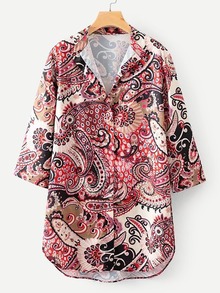 Paisley Print Curved Hem Shirt Dress