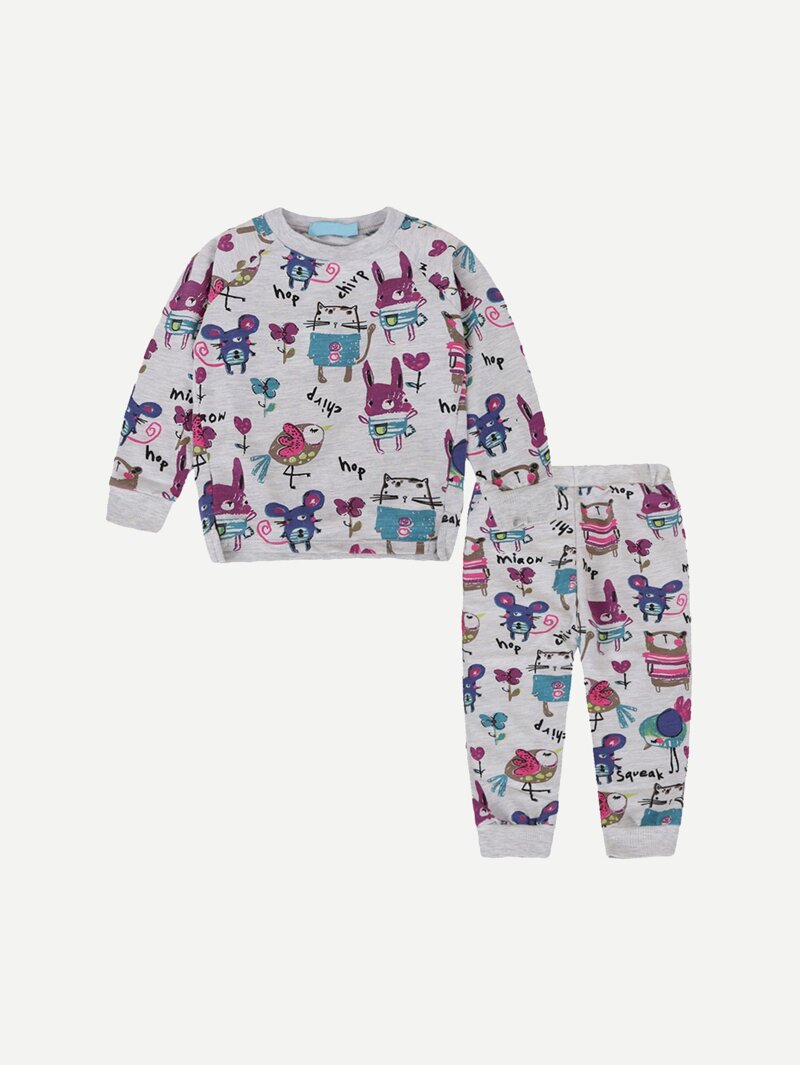 

Girls Cartoon Print Sweatshirt With Pants, Multicolor