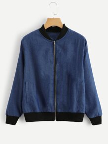 Denim Stand Neck Zip Up Jacket