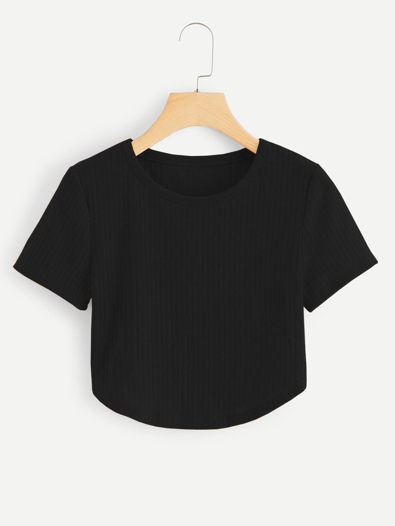 

Solid Ribbed Knit Crop Tee, Black