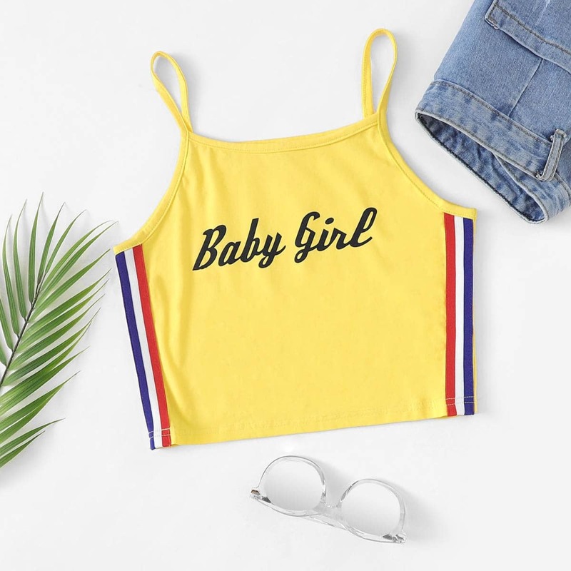 

Slogan Print Striped Side Cami Top, Yellow