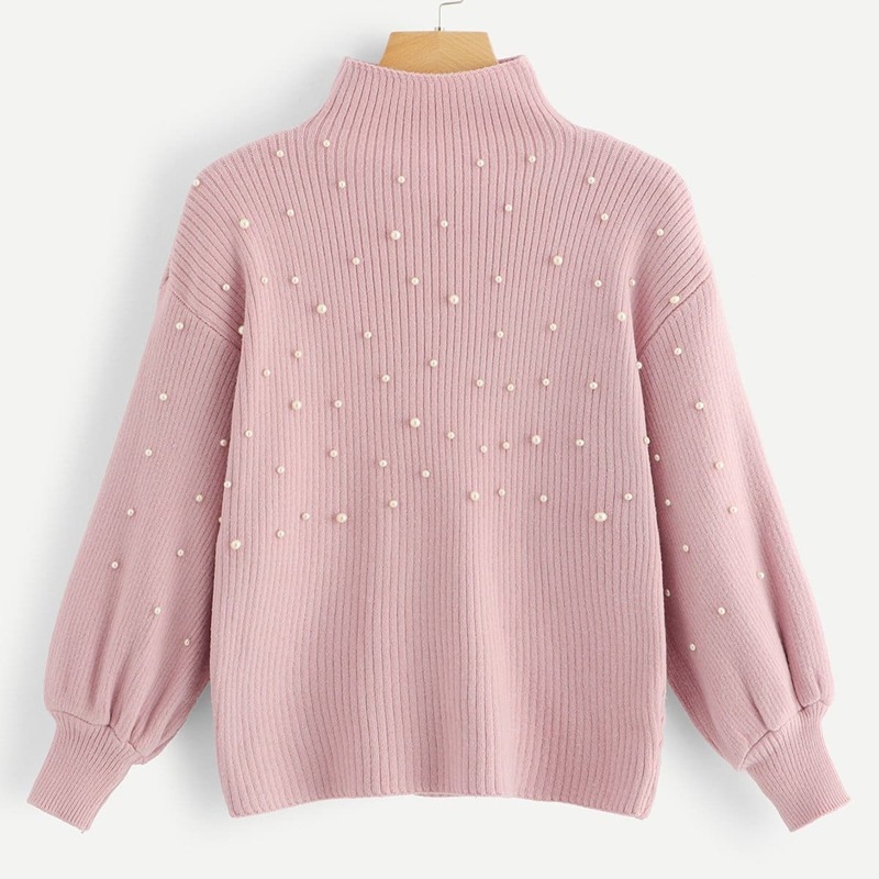 

Pearl Beaded Lantern Sleeve Ribbed Sweater, Pink