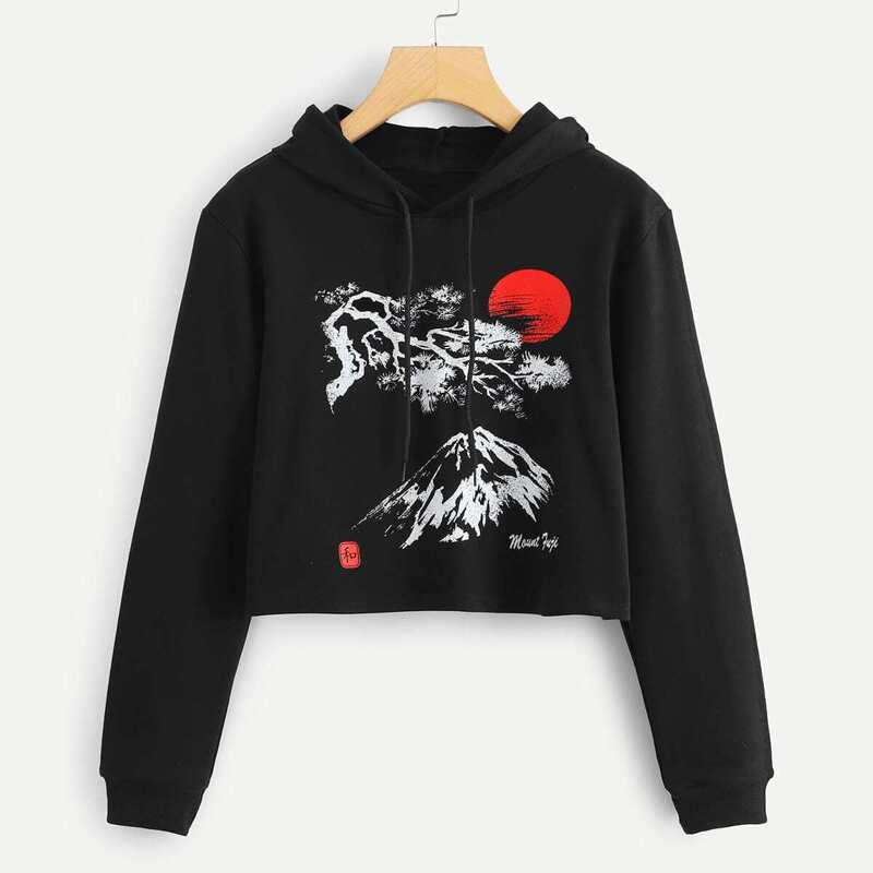 

Graphic Print Hooded Sweatshirt, Black
