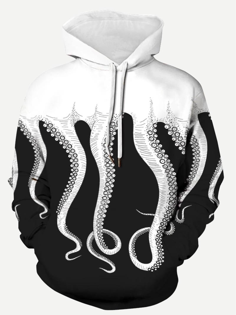 

Men Tentacle Print Hooded Sweatshirt, Black and white