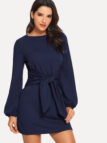 Knot Waist Solid Dress