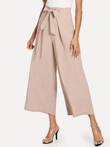 Drawstring Waist Solid Wide Leg Pants