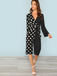 Bell Sleeve Self Belted Surplice Wrap Jumpsuit
