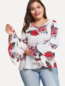 Plus Flounce Sleeve Floral Print Blouse