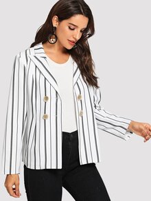 Button Decoration Striped Coat