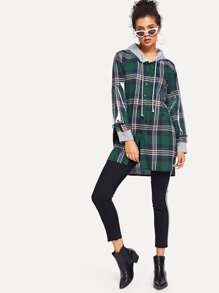 Plaid Drawstring Hooded Coat