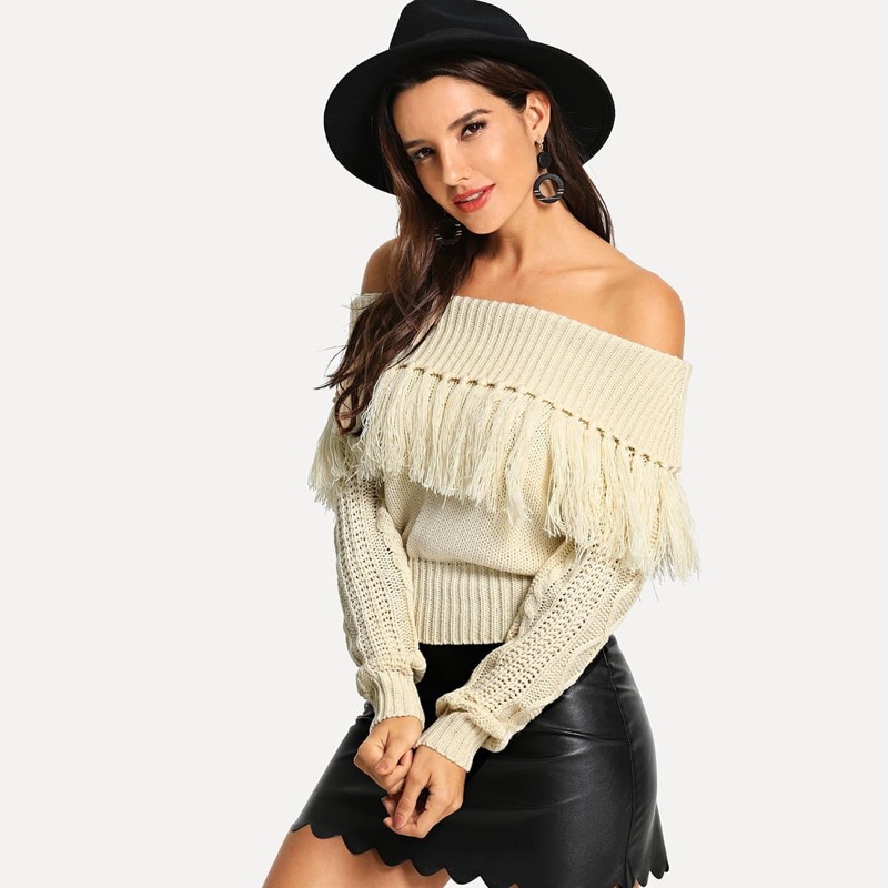 

Off Shoulder Fringe Sweater, Beige