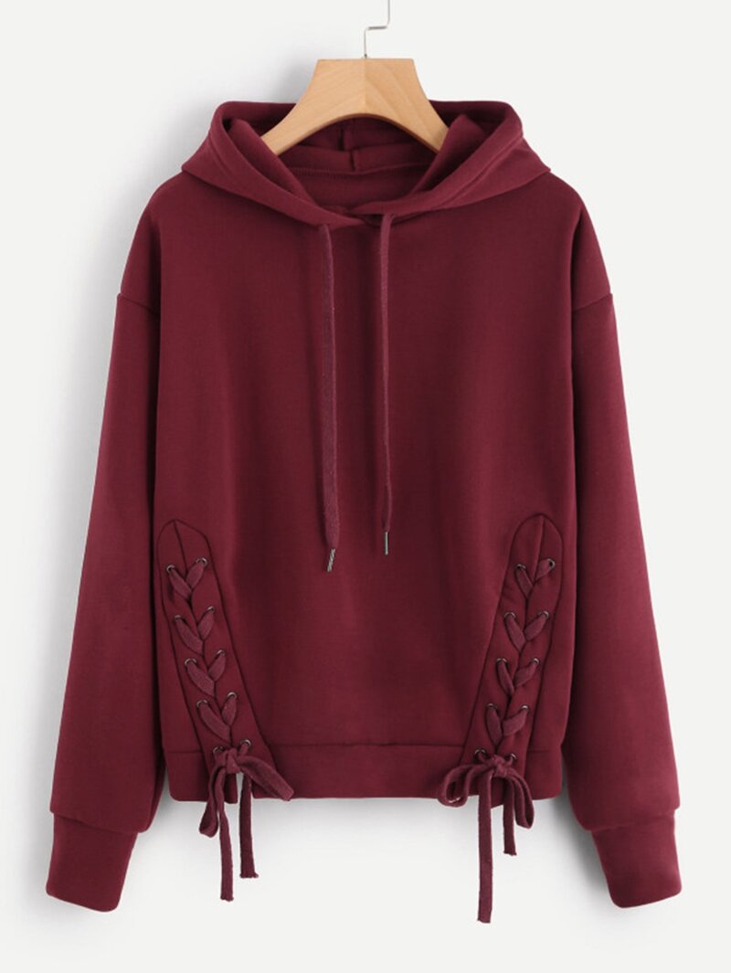 

Plus Lace Up Solid Hooded Sweatshirt, Burgundy