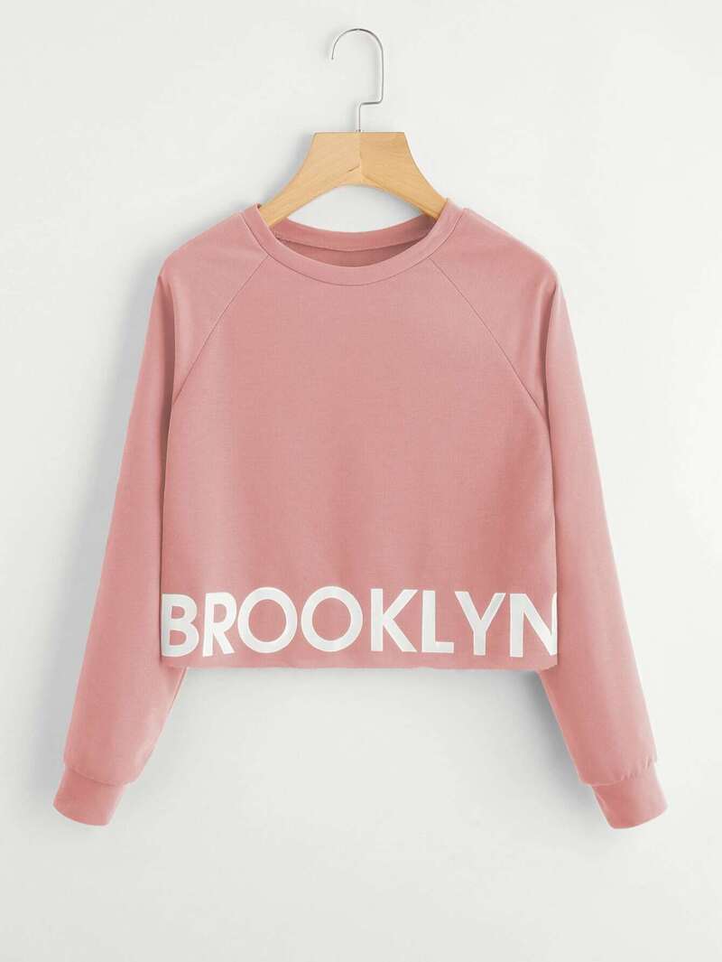 

Plus Letter Print Crop Sweatshirt, Pink