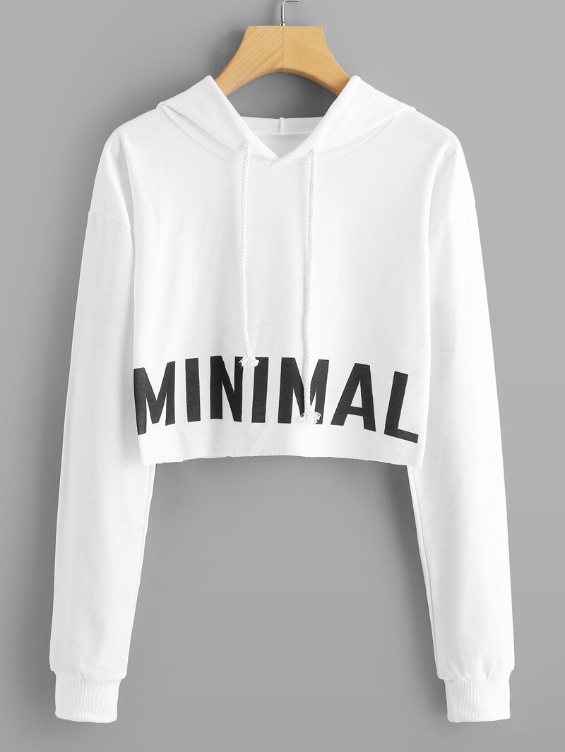 

Letter Print Hooded Crop Sweatshirt, White