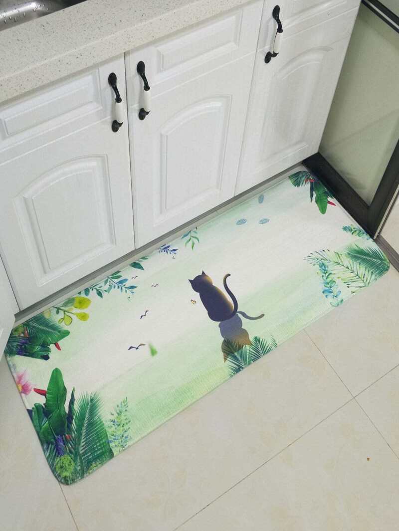 

Cat & Leaf Print Floor Mat, Multicolor