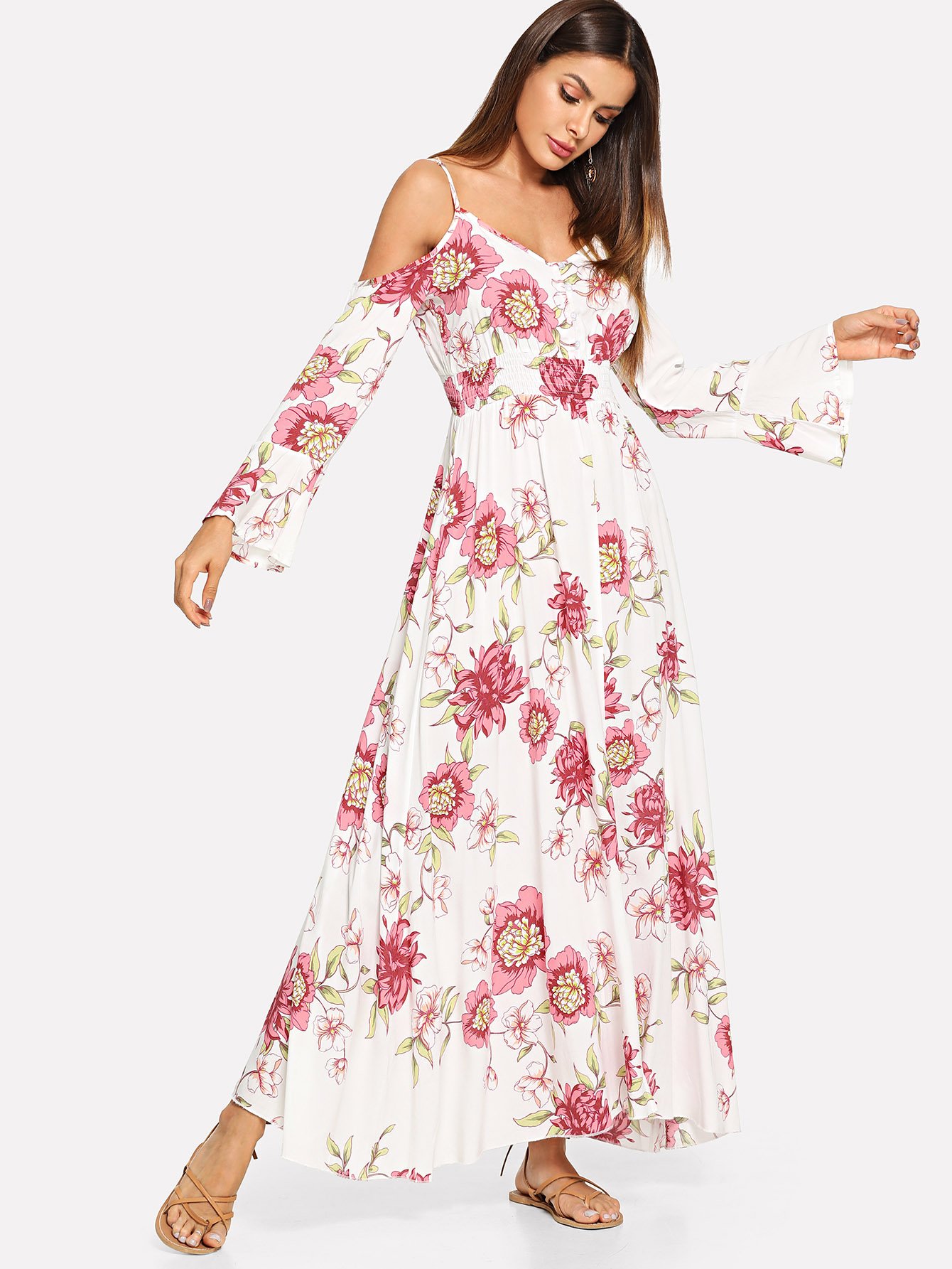 cold shoulder shirred waist floral dress -shein(sheinside)