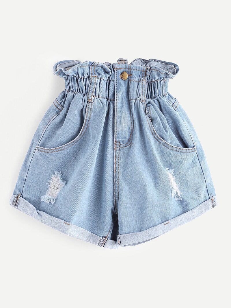 

Elastic Waist Ripped Denim Skirt, Blue