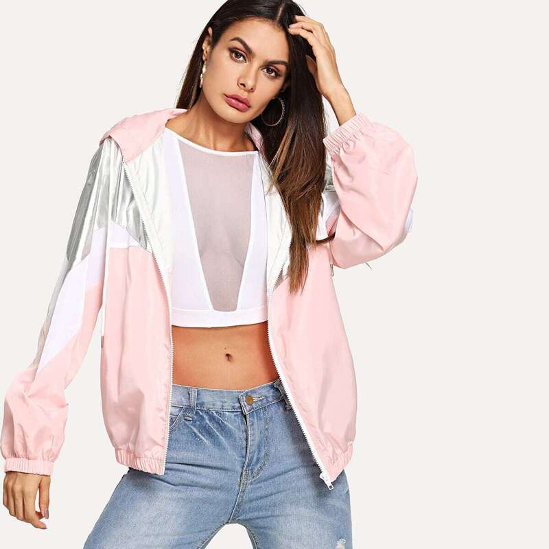 

Cut and Sew Zip Up Drawstring Hoodie Jacket, Pink