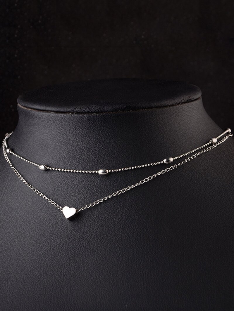 

Heart Detail Layered Chain Necklace, Silver