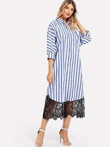 Striped Single Breasted Contrast Lace Dress