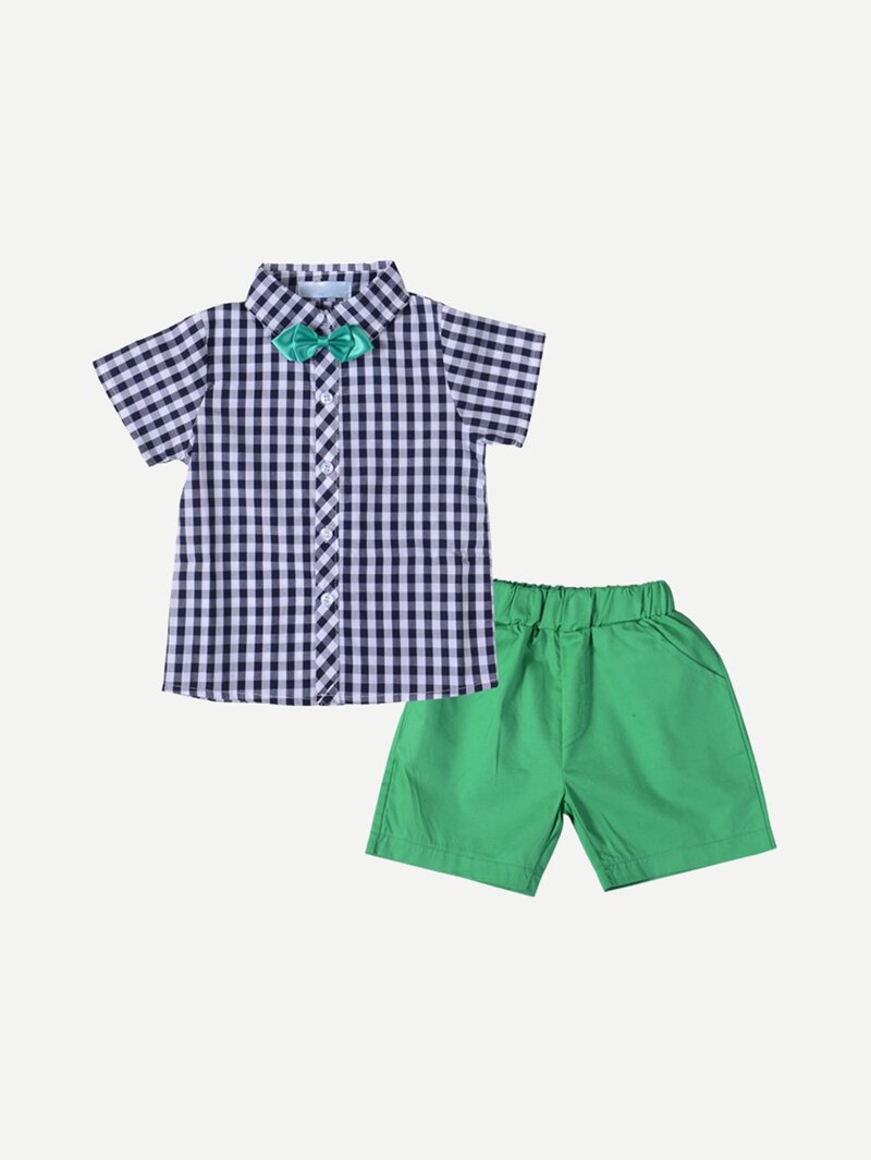 

Boys Bow Detail Plaid Shirt With Shorts, Multicolor