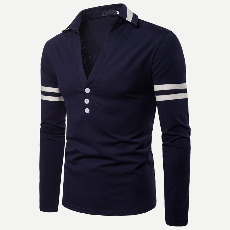 Guys Varsity Striped V Neck Polo Shirt, Navy
