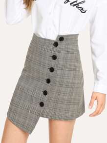 Single Breasted Houndstooth Dip Hem Skirt