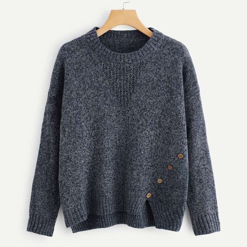 

Button Decoration Asymmetrical Sweater, Navy