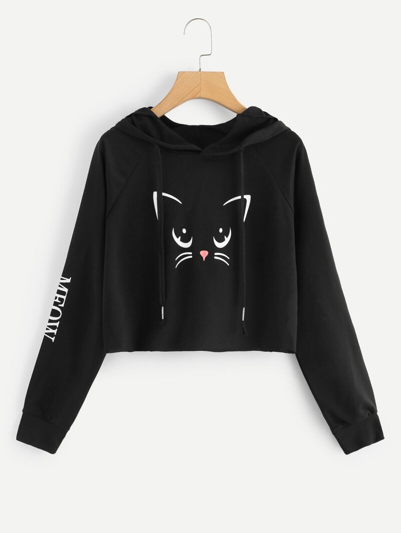 

Cartoon Print Drawstring Hoodie Sweatshirt, Black