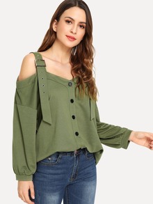 Cold Shoulder Button Decoration Sweatshirt