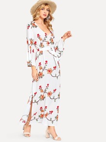 Bell Sleeve Botanical Embroidery Dress