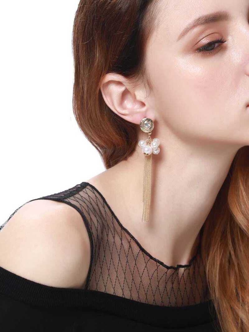 

Faux Pearl Chain Tassel Drop Earrings, Gold