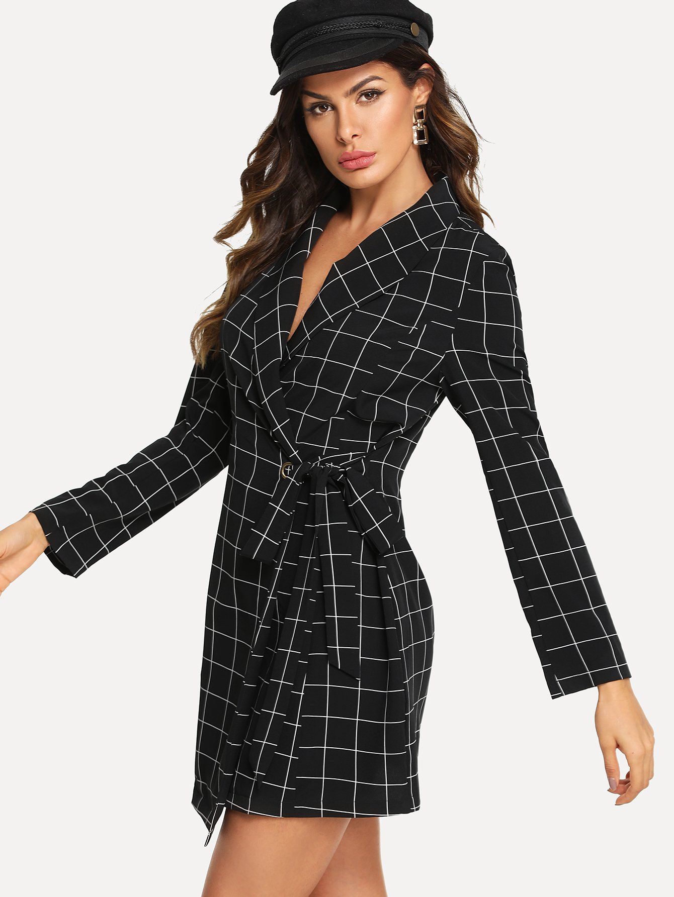 shawl collar self tie grid wrap blazer dress | shein uk