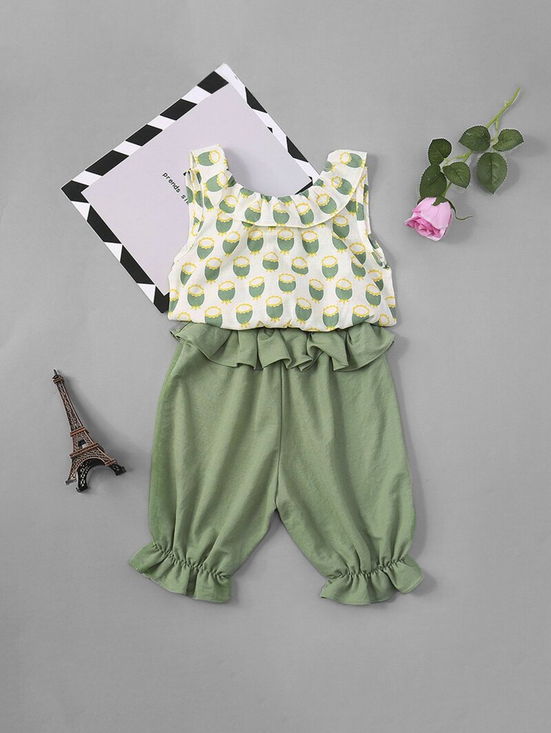 

Girls Ruffle Trim Vest With Plain Pants, Multicolor