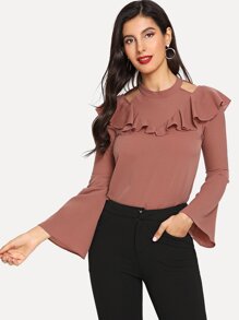 Solid Open Shoulder Ruffle Hem Bell Sleeve Blouse