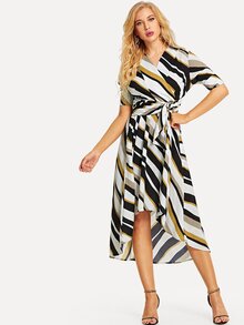 Color Stripe Tie Waist Asymmetric Hem Dress