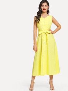 Solid Button Front Tie Waist Dress