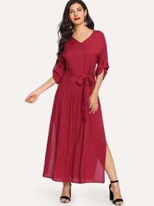 Solid Split Side Tie Waist Dress